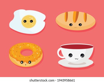 Kawaii food bread and donut tea scrambled egg meal set