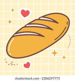 Kawaii food cartoon of baguette french bread vector icon of cute japanese doodle style for kid product, sticker, shirt on yellow background flat illustration