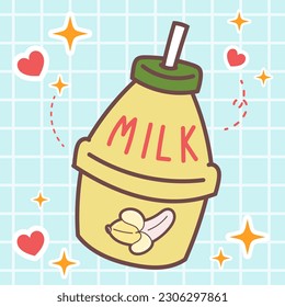 Caricatura de comida Kawaii de ilustración de la leche de plátano. ícono vector de bebida botella linda estilo de doodle japonés para productos para niños, pegatinas, camisa, papel tapiz, tarjeta