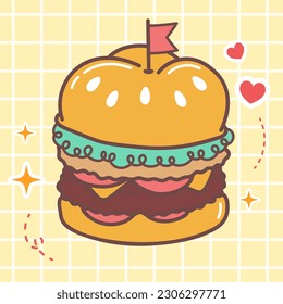 Kawaii food cartoon of beef burger vector icon of cute japanese doodle style for kid product, sticker, shirt on yellow background flat illustration