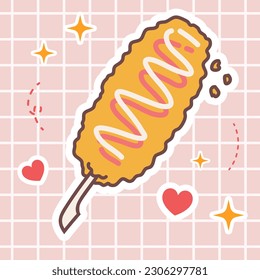 Kawaii food cartoon of corn dog snack vector icon of cute japanese doodle style for kid product, sticker, shirt on orange background flat illustration