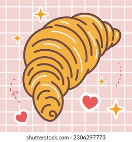 Kawaii food cartoon of croissant pastry vector icon of cute japanese doodle style for kid product, sticker, shirt on orange background flat illustration