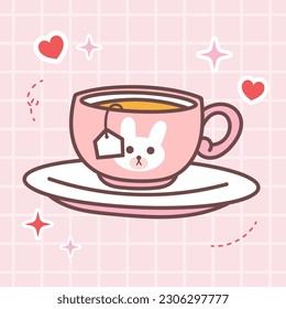 Kawaii food cartoon of cup of tea vector illustration drink with cute japanese doodle style for kid product, sticker, shirt with pink background