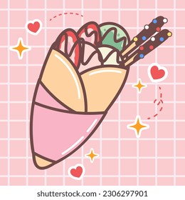 Caricatura de comida kawaii de helados frescos crepes ilustración. icono vector del lindo estilo japonés de doodle para productos para niños, pegatinas, camisas, papel de pared, tarjeta.eps