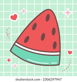 Kawaii food cartoon of fresh watermelon vector icon of cute japanese doodle style for kid product, sticker, shirt with green background flat illustration