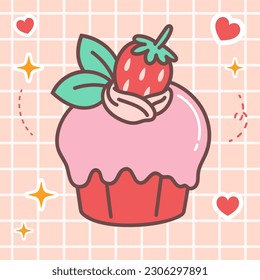 Kawaii food cartoon of strawberry cupcakes illustration. vector icon of cute japanese doodle style for kid product, sticker, shirt, wallpaper, card