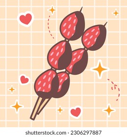 Caricatura de comida Kawaii de la ilustración de palo de fondue de fresa. icono vector del lindo estilo japonés de doodle para productos para niños, pegatinas, camisas, papel pintado, tarjeta