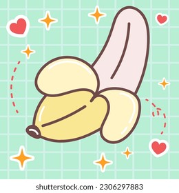 Caricatura de comida kawaii de ilustración de fruta de plátano dulce. icono vector de lindo estilo de doodle japonés para productos para niños, pegatinas, camisas, papel de pared, tarjeta