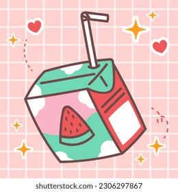 Kawaii food cartoon of watermelon juice box drink illustration. vector icon of cute japanese doodle style for kid product, sticker, shirt, wallpaper, card