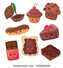 Kawaii food characters: brownie, chocolate bar, eclair, cupcake, cocoa beans, muffin, toast. Cute cartoon collection for print, stickers, cupcake decoration, baby shower. Food set isolated on white.