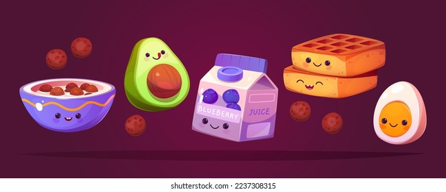 Kawaii food characters, cartoon breakfast meals. Cute juice, waffles, bowl with chocolate balls with milk, avocado and egg halves isolated set. Funny adorable kids menu personages, Vector illustration