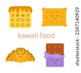 kawaii food characters chocolate bar, belgian waffles, cracker and croissant, cute cartoon collection for print, food set isolated on white