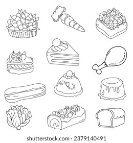 kawaii food, coloring page for kawaii food, coloring book, kawaii pattern, kawaii set