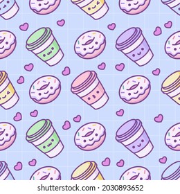 Kawaii food cute seamless vector pattern. Funny repeating art background with a glazed smile donut and a cup of coffee or tea. For child, girl, cafe, bakery, textile, wrapping paper, print.