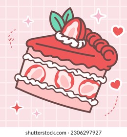 Kawaii food of cute strawberry cheese cake vector illustration with japanese doodle style for kid product, sticker, shirt with pink background