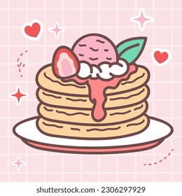 Kawaii food of cute strawberry sweet pancake vector illustration with japanese doodle style for kid product, sticker, shirt with pink background