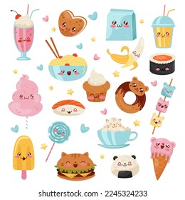 Kawaii Food with Happy Smiling Face and Cheeks Big Vector Set