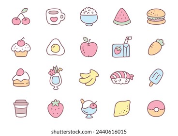 Kawaii food icon set. Collection of cute hand drawn food stickers isolated on a white background. Vector 10 EPS.
