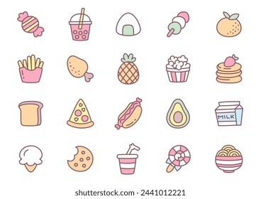 Kawaii food icon set. Collection of cute hand drawn food stickers isolated on a white background. Vector 10 EPS.