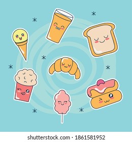 kawaii food icon set over white background, flat style, vector illustration