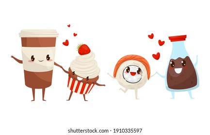 Kawaii Food Pairs in Love with Coffee and Cupcake Holding Hands Vector Set