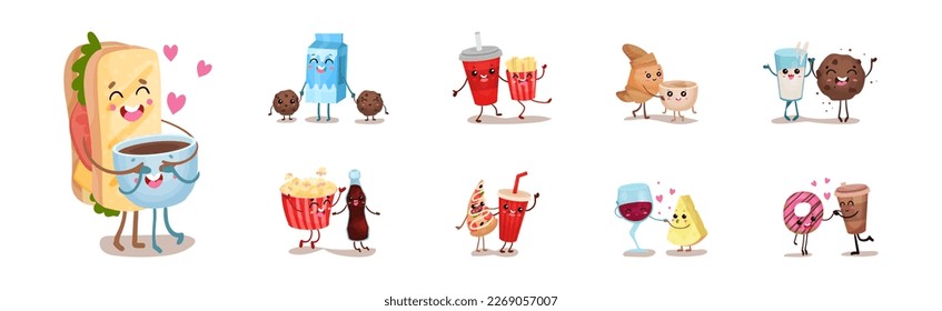 Kawaii Food Pairs in Love Holding Hands Feeling Passion Vector Set