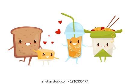 Kawaii Food Pairs in Love with Lemonade and Noodles Holding Hands Vector Set