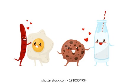 Kawaii Food Pairs in Love with Milk and Chocolate Cookie Holding Hands Vector Set