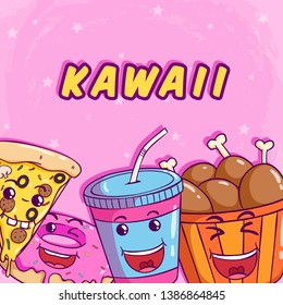 Kawaii food with pizza soda donut and chicken leg on cute pink background