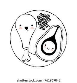 kawaii food plate with chicken thigh with peas and middle avocado in black dotted silhouette