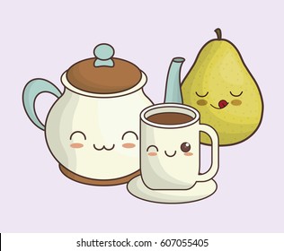 kawaii food related icons over purple background. vector illustration