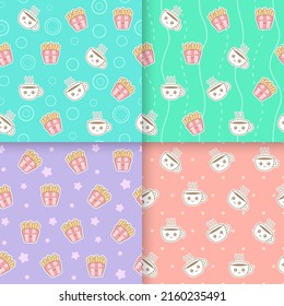 Kawaii food seamless pattern set