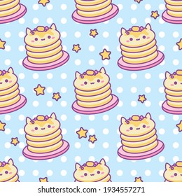 Kawaii Food seamless Vector pattern. Cute Cat Pancake Stack on plate with piece of butter, berries and star. Smiling Pancakes character. Sweet blue polka dot background. Wrapping paper, print, textile