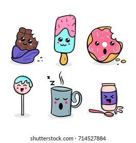 kawaii food set. Sweet kawaii characters illustrations. Hand drawn doodles with emotions. Vector illustration.
