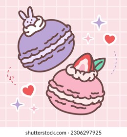 Kawaii food of sweet macaron vector illustration with japanese doodle style for kid product, sticker, shirt with pink background