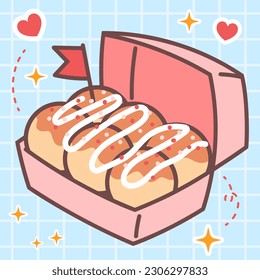 Comida kawaii de takoyaki de bocadillo de la calle. Dibujo manual de vectores adorable icono del logo de la ilustración de caricatura. Diseño conceptual de anime japonés, estilo manga