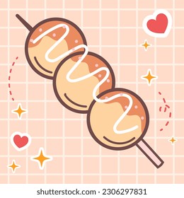 Kawaii food of takoyaki stick street snack. Vector hand drawn cute cartoon character illustration logo icon. Japan anime, manga style concept design