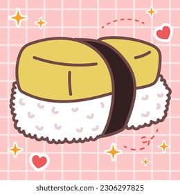 Kawaii food of tamago nigiri sushi. Vector hand drawn cute cartoon character illustration logo icon. Cute Japan anime, manga style concept design