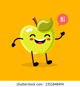 Kawaii Food. Vector Cartoon Apple. Happy Funny Asian Character for Children's Restaurant Menu, Fast Food Sale Banner, Cafe Promotion, Educational Flash Cards for Kids. Cute Chinese Hand Drawn Face. 