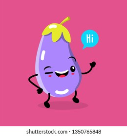 Kawaii Food. Vector Cartoon Eggplant. Happy Funny Asian Character for Children’s Restaurant Menu, Fast Food Banner, Cafe Promotion, Educational Flash Cards for Kids. Cute Chinese Hand Drawn Face. 