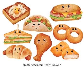 Kawaii Food Watercolor Clipart Set with Smiley Faces - Sandwiches, Donuts, Fried Chicken, Croissant, Taco, Toast, and Pastry - Great for Cute Food-Themed Artwork, Kids’ Projects, and Creative Design I