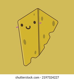 Kawaii food yellow cheese illustration with yelllow background