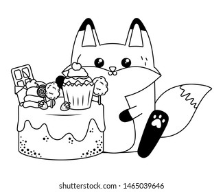 Kawaii of fox cartoon with cake design