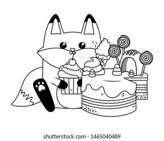 Kawaii of fox cartoon with cake design