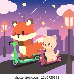 Kawaii fox and cat riding scooters at twilight. Adorable nighttime scooter ride with cute animals.