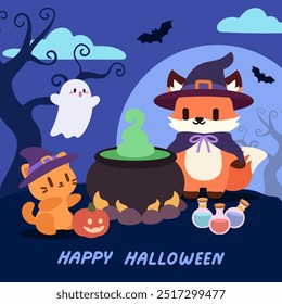 Kawaii Fox and Cat in Witch Costumes. Halloween Potion Brewing Scene. Adorable Fox Witch and Cat with Cauldron. Happy Halloween with Witch Fox, Ghost, and Cat. Cute Halloween Illustration.