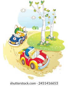 Kawaii Fox and Chicken in a Car Race Celebrating Summer Day - Isolierte Vektorillustration auf weißem Hintergrund