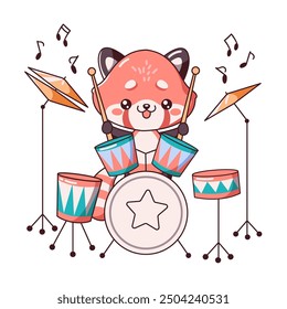 Kawaii fox creates rhythmic beat on drums flat vector illustration. Fox captivates audience with dynamic performance icon on white background