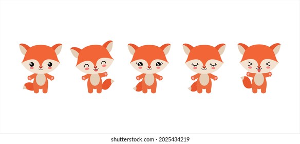 Kawaii fox emoji. Cute little fox various faces. Lovely kawaii foxes emoticons. Woodland animal cartoon drawing isolated on white background. Vector illustration.