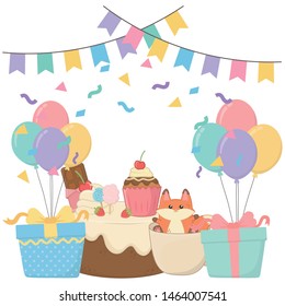 Kawaii fox with happy birthday cake design